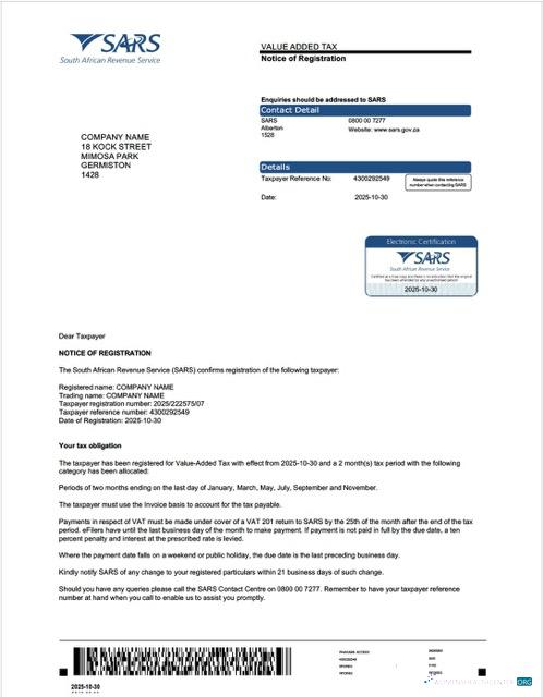 Download South Africa value added tax certificate Word and PDF template Photoshop template